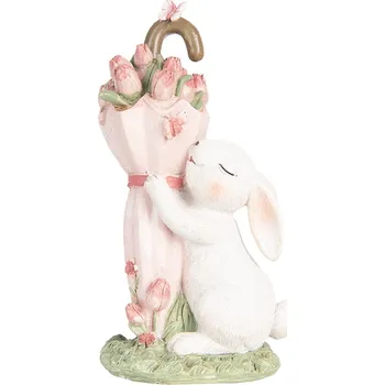 Dekorace králíček s růžovým deštníkem plným tulipánů - 9*7*15 cm