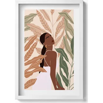 Obraz Bílý rámeček s obrázkem Ilustrace ženy mezi listy v boho stylu 40x60 cm