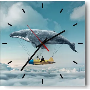 Hodiny Velké nástěnné hodiny 40x40 cm Velryba Skleněné hodiny Čtvercové Tiché