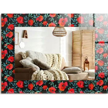 Zrcadlo Obdélníkové nástěnné dekorativní zrcadlo s motivem vlčích máků, 80x60 cm, vertikální/horizontální montáž