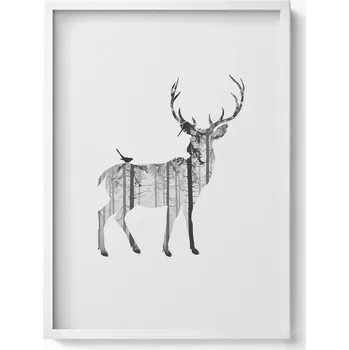 Obraz Dekorativní obraz v bílém rámu do obýváku Silueta jelena a les 50x70 cm