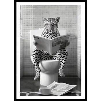 Obraz OBRAZ PLAKÁT V RÁMU do Koupelny WC Toalety GEPARD NA ZÁCHODĚ noviny P2532_A4