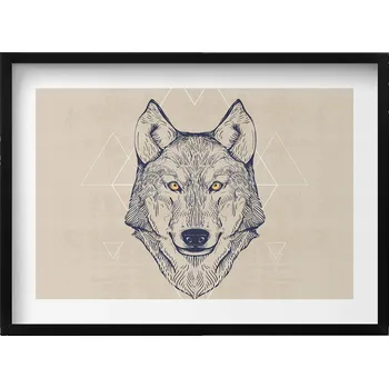 Obraz Dekorativní nástěnný obraz v černém rámu s grafikou loft - Hlava vlka 70x50 cm