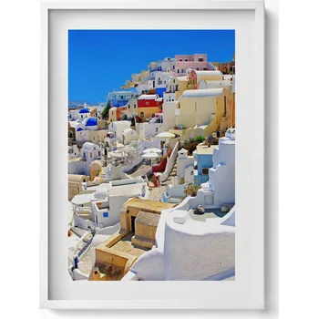 Obraz Dekorativní nástěnný obraz s bílým rámem a grafikou loft Řecko Santorini 50x70 cm