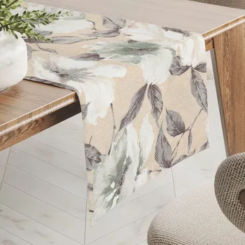 ubrus Dekorační běhoun na stůl Porto PRT-012 Zeleno-bílé květy na béžovém 20x120 cm