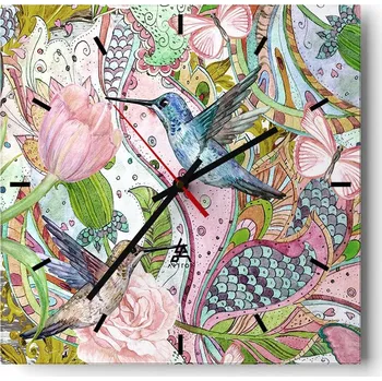 Hodiny Velké nástěnné hodiny na zeď 40x40 Květiny Skleněné hodiny Čtvercové Tiché