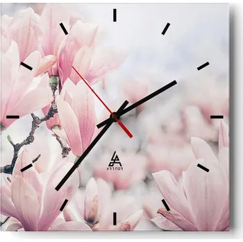 Hodiny Velké nástěnné hodiny 40x40 cm Magnolie Skleněné hodiny Čtvercové Tiché