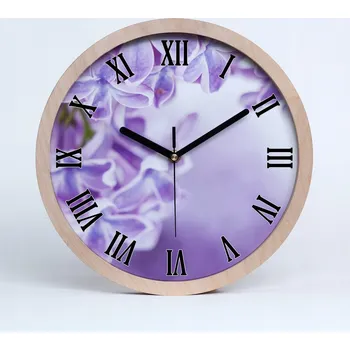 Hodiny Velké dřevěné tiché nástěnné hodiny s květy šeříku fi 30
