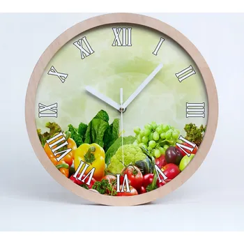 Hodiny Dřevěné nástěnné hodiny s římskými číslicemi a motivem zeleniny, průměr 30 cm