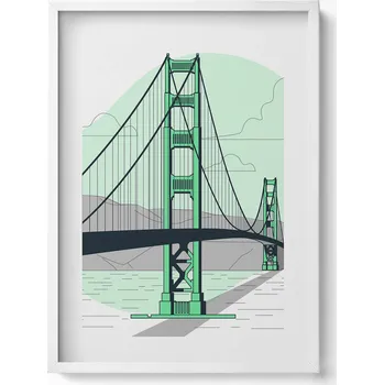 Obraz Dekorativní nástěnný obraz v rámu s grafikou: Kresba mostu Golden Gate, 50x70 cm