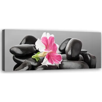 Obraz MODERNÍ OBRAZ Květina a tmavé zenové kameny NA PLÁTNĚ 90x30