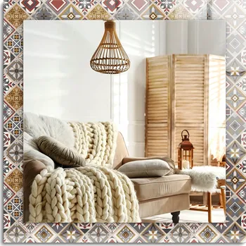 Zrcadlo Čtvercové dekorativní zrcadlo s barevným kachlovým rámem, 60x60 cm, s možností zavěšení vertikálně i horizontálně