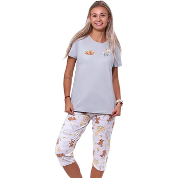 Dámské pyžamo Šedé béžové i hnědé pruhované pyžamo pro ženy či dívky s 3/4 nohavicí plyšový medvídci a veliký sen 1B2059 šedá s