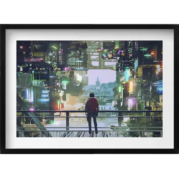 Obraz Nástěnný obraz v černém rámu do obýváku, kuchyně - Město Cyber Punk 70x50 cm