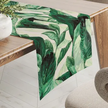 ubrus Sametový běhoun na stůl Tamara TMR-028 Velké zelené listy 20x120 cm