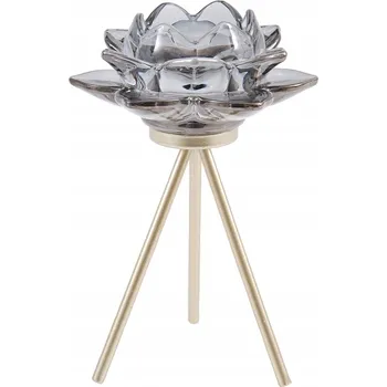 Svícen SVÍCEN KVĚT ŠEDÝ ZLATÝ SKLENĚNÝ 17cm NA ČAJOVOU SVÍČKU