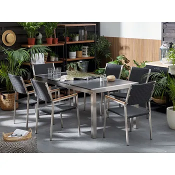 Zahradní sestava Zahradní jídelní sada černá s černým čedičovým stolním ratanovým křeslem 6 sedadel 180 x 90 cm Beliani