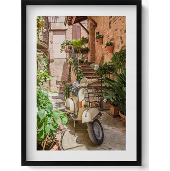 Obraz Závěsný obraz rámeček černé barvy Motorka v italské uličce 50x70 cm