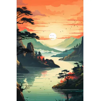 Plakát Plakát Západ slunce nad klidným jezerem, bez rámu, 61 x 91,5 cm