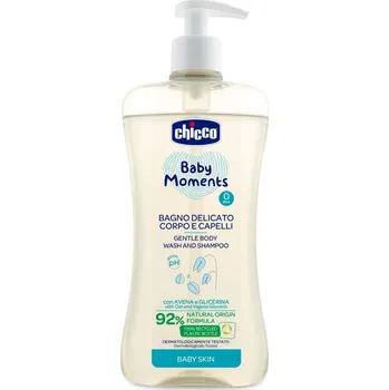 Dětský šampon CHICCO Šampon jemný na vlasy a tělo s dávkovačem Baby Moments 92 % přírodních složek 500 ml