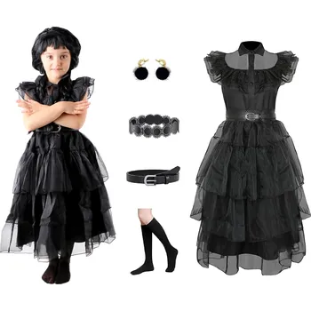 Karnevalový kostým KOSTÝM Wednesday Addamsová ŠATY NA PLES VLASY NÁUŠNICE PODKOLENKY 110