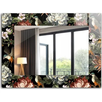 Zrcadlo Zrcadlo s potiskem do koupelny v obývacím pokoji Květiny a ptáci XXL 80x60 cm