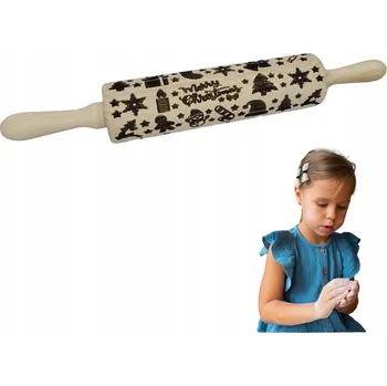 Váleček na těsto VÁNOČNÍ DŘEVĚNÝ VÁLEČEK NA SUŠENKY, STRUKTUROVANÝ VÁLEČEK SE VZORY 400 mm