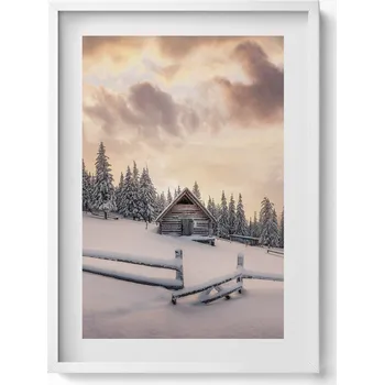 Obraz Nástěnný obraz v rámu Zimní krajina s horskou chatou při západu slunce 50x70 cm