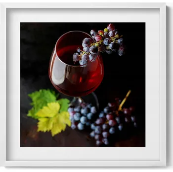 Obraz Dekorativní obraz v bílém rámu do obývacího pokoje Sklenice vína a hroznové víno 50x50 cm