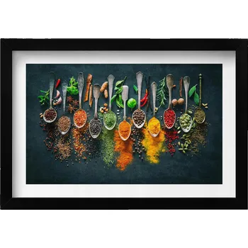 Obraz Závěsný obraz rámeček černé barvy Lžíce s barevnými kořeními 30x20 cm