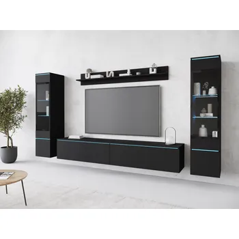 Obývací stěna NÁBYTKOVÁ STĚNA POKOJOVÝ NÁBYTEK DO OBÝVACÍHO POKOJE SADA VITRÍNA POLICE ČERNÁ GRAFIT