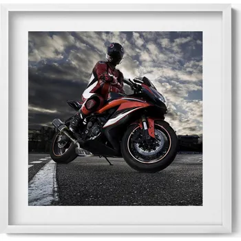 Obraz Nástěnný dekorativní foto obraz v bílém rámu Muž na motorce 50x50 cm