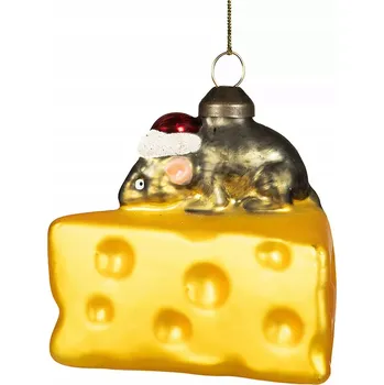 Vánoční dekorace VÁNOČNÍ OZDOBA KOUSÍČEK SÝRA skleněná vánoční koule na stromeček žlutá