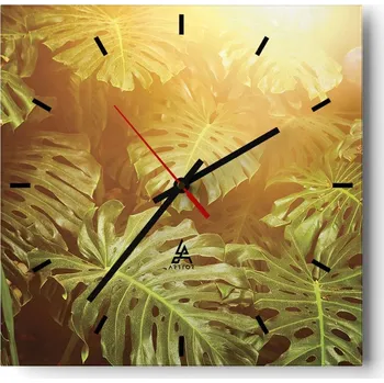 Hodiny Velké nástěnné hodiny 40x40 Monstera Skleněné hodiny Čtvercové Tiché