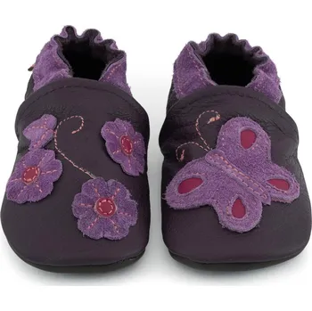 Capáčky CAROZOO Kožené capáčky s gumovou podrážkou motýlek a květiny 12-18 měsíců Fialová 21,5
