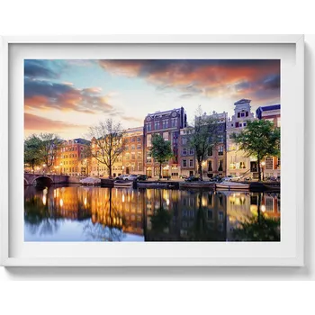 Obraz Dekorativní obraz v bílém rámu do obýváku Domy Amsterdam Holandsko 80x60 cm