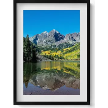 Obraz Nástěnný obraz v černém rámu do obýváku, kuchyně – Jezero, hory a lesy 50x70 cm