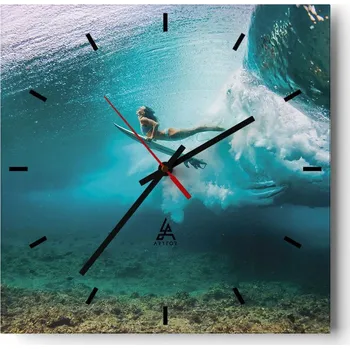 Hodiny Velké nástěnné hodiny na zeď 40x40 Surfing Skleněné hodiny Čtvercové Tiché