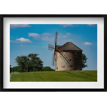 Obraz Dekorativní nástěnný obraz v černém rámu s grafikou Větrný mlýn Morava 70x50 cm