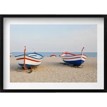 Obraz Moderní nástěnná dekorace obraz v černém rámu Lodě na pláži 70x50 cm