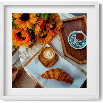 Obraz Obraz v bílém rámu nástěnná dekorace Francouzský Croissant a káva 50x50 cm