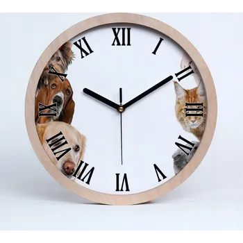 Hodiny Velké dřevěné tiché nástěnné hodiny psi a kočky průměr 30 cm