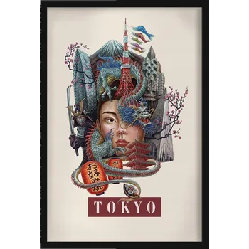 Obraz Nástěnný obraz rám Retro styl Tokyo Tower Hora Fudži Drak Višňový květ 40x60