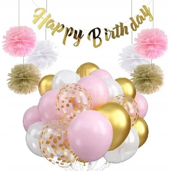 Sada na narozeniny GIRLANDA BANNER RŮŽOVÉ ZLATÁ bambule