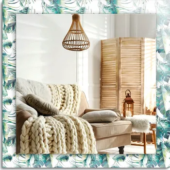 Zrcadlo Zrcadlo nástěnné s ozdobným rámem Zelené tropické listy 60x60 cm