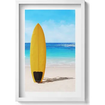 Obraz Obraz v bílém rámu Žluté surfové prkno na pláži s mořem v pozadí 40x60 cm