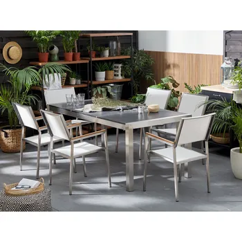 Zahradní sestava Zahradní jídelní souprava bílá s čedičovou deskou z plamenů, 6 sedadel, trojitý talíř 180 x 90 cm Beliani