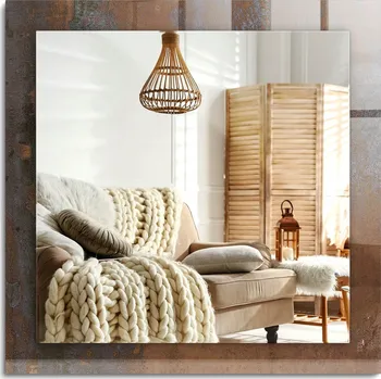 Zrcadlo Čtvercové dekorativní zrcadlo pro vertikální nebo horizontální montáž, moderní rezavý kov, 60x60 cm