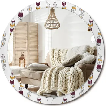 Zrcadlo Moderní dekorativní kulaté zrcadlo na zeď s potiskem XXL 100 cm Pírka