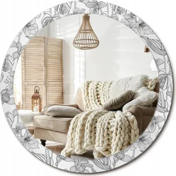 Zrcadlo Stylové kulaté zrcadlo na zeď s potiskem na skle, květinový vzor, průměr 90 cm